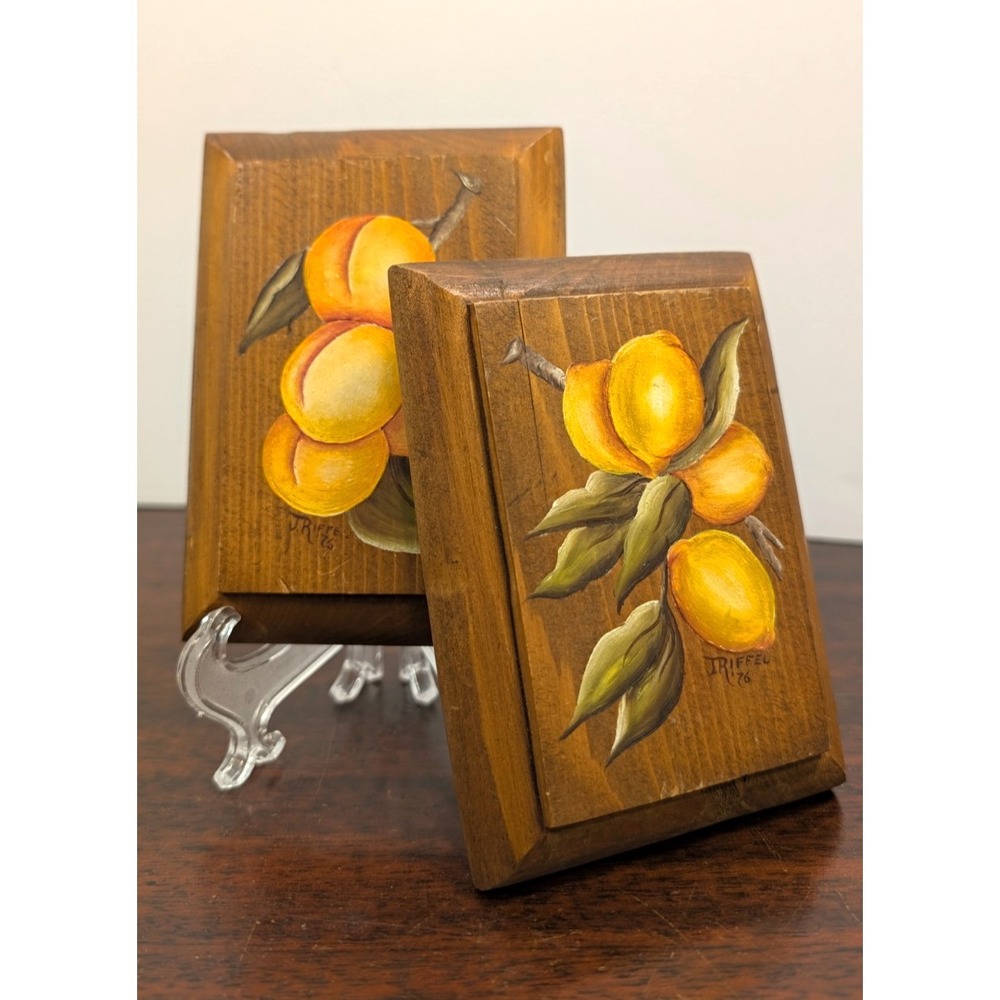 Vintage Hand Painted Fruit Wood Wall Plaques Pair Rustic Kitchen Decor 70s